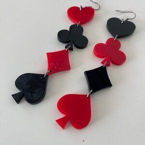 Playing Card Drop Earrings, Red and Black,  4 1/2" Long